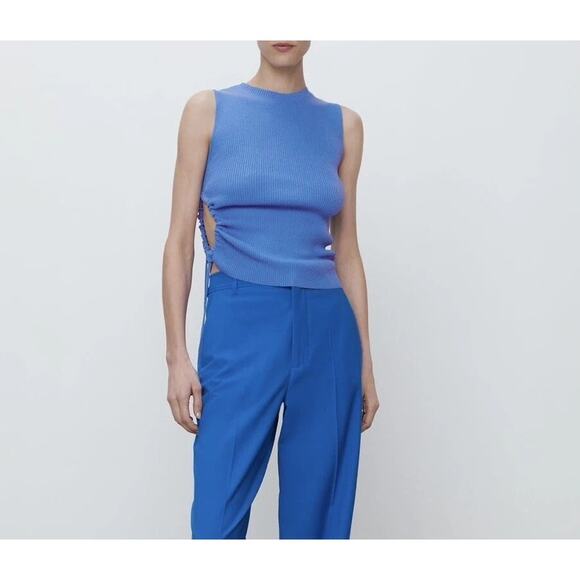 Zara Sleeveless Side Key Hole Tie Ruched Ribbed Tank Top Crop Tank Top S Blue - Picture 1 of 15